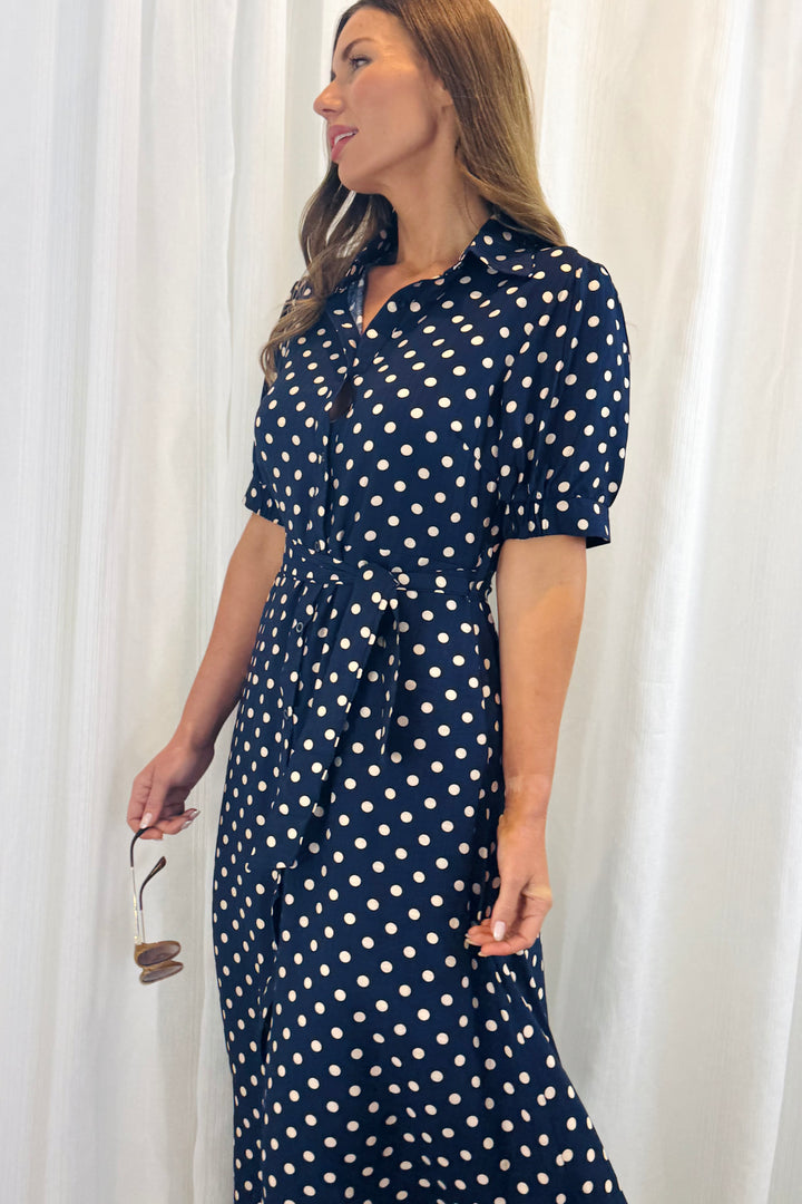 Tamika Spot Dress In Navy And Beige