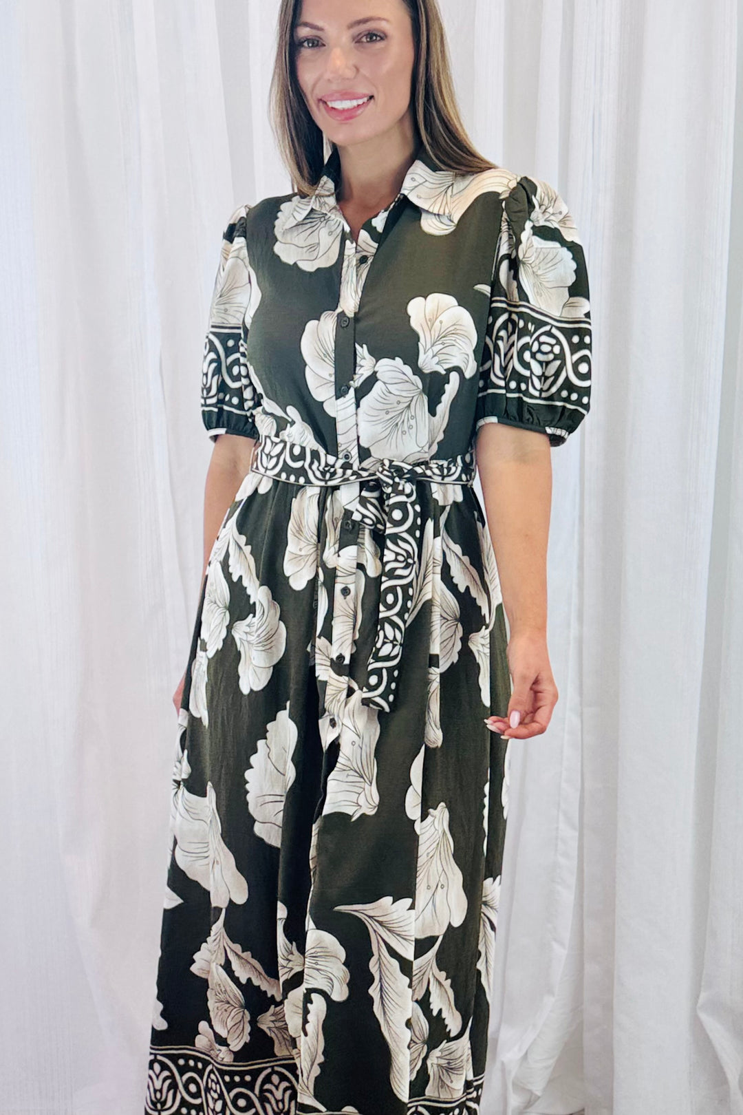 Pamela Multi Print Dress in Khaki