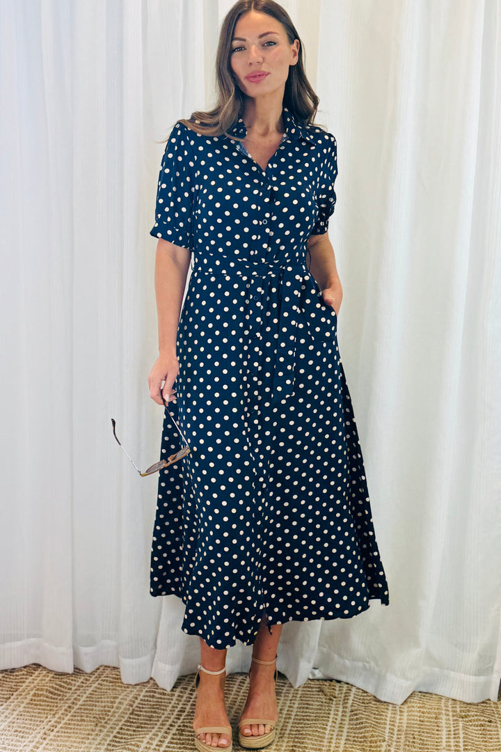 Tamika Spot Dress In Navy And Beige