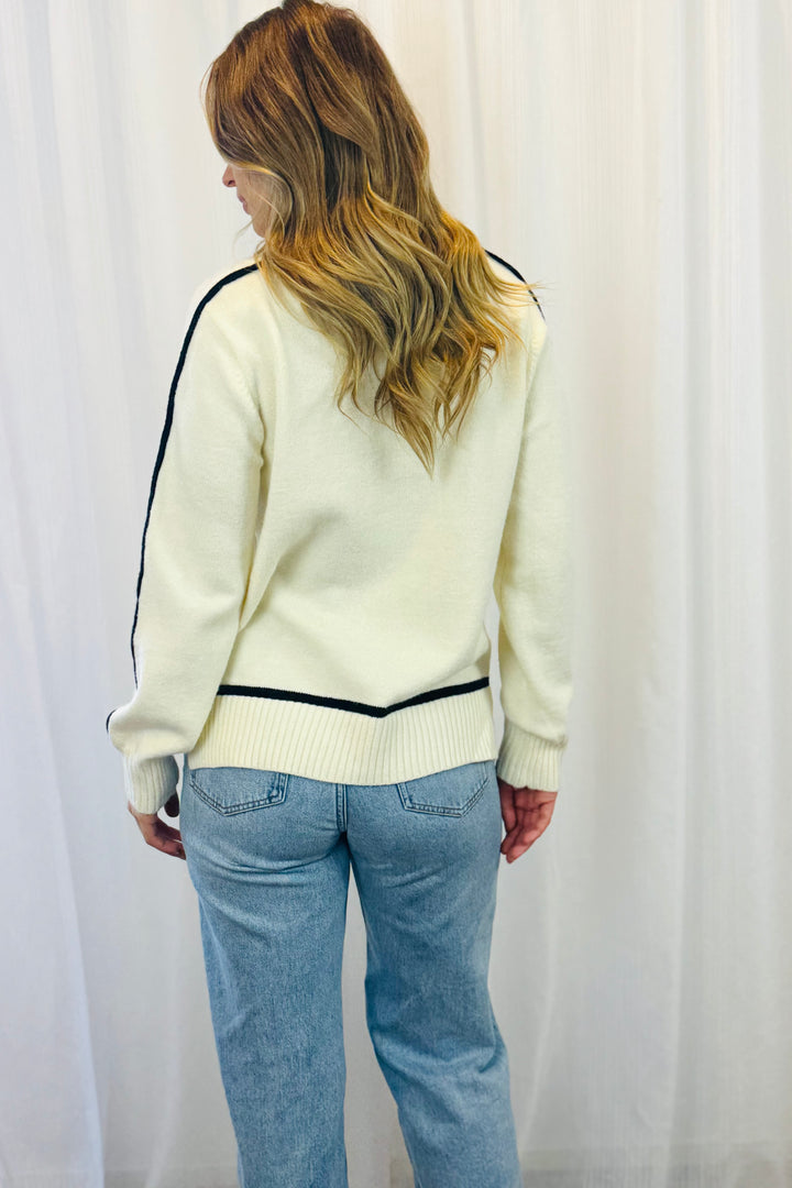 Angie High Neck Knit in Cream With Black Detail
