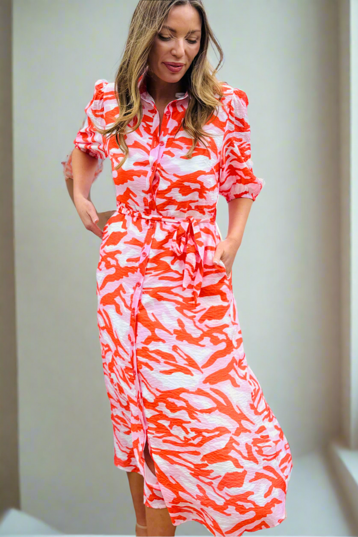 Fallon Orange, Pink and White  Print Midi Shirt Dress