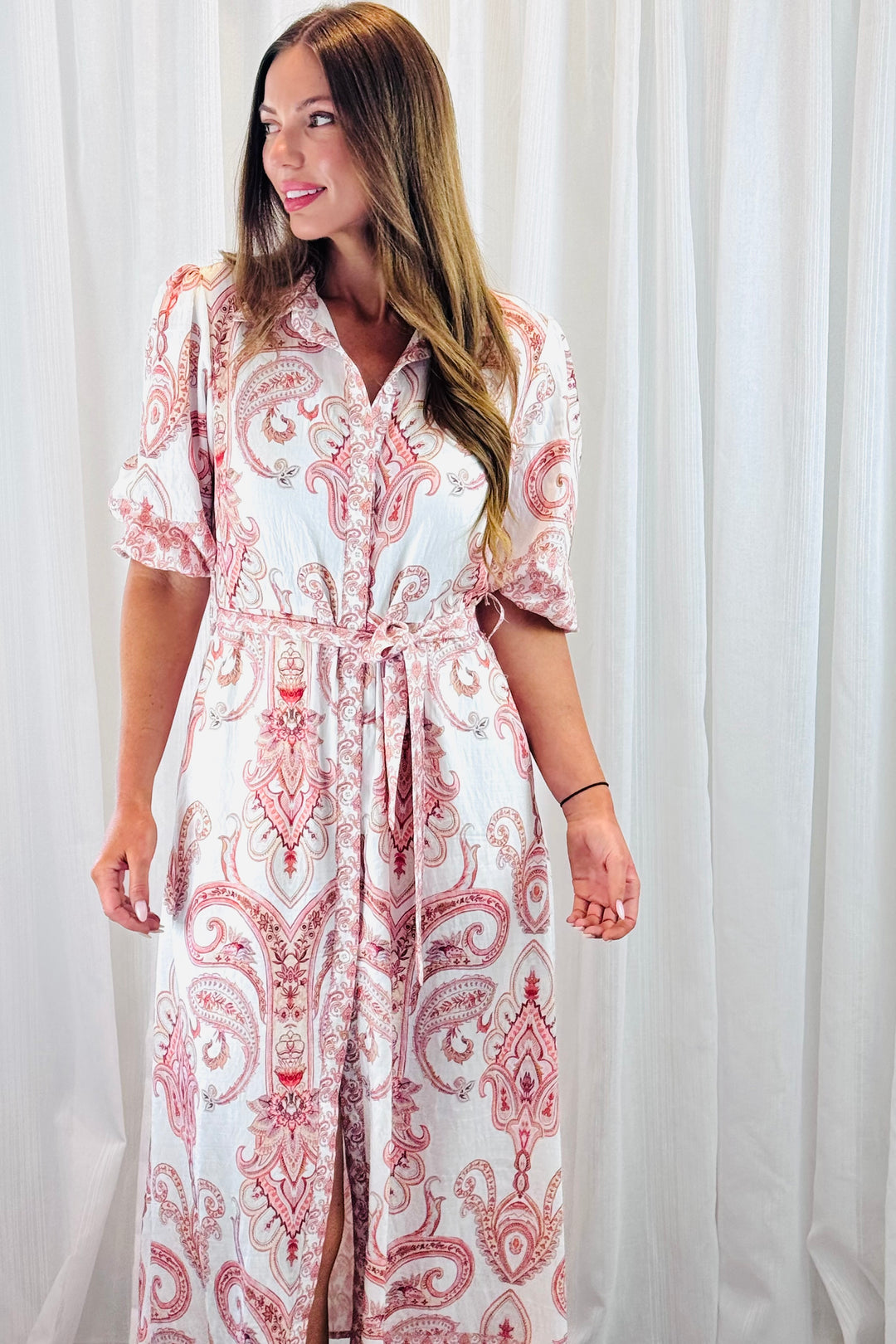 Lenni Paisley Shirt Dress in Off White and Claret Print