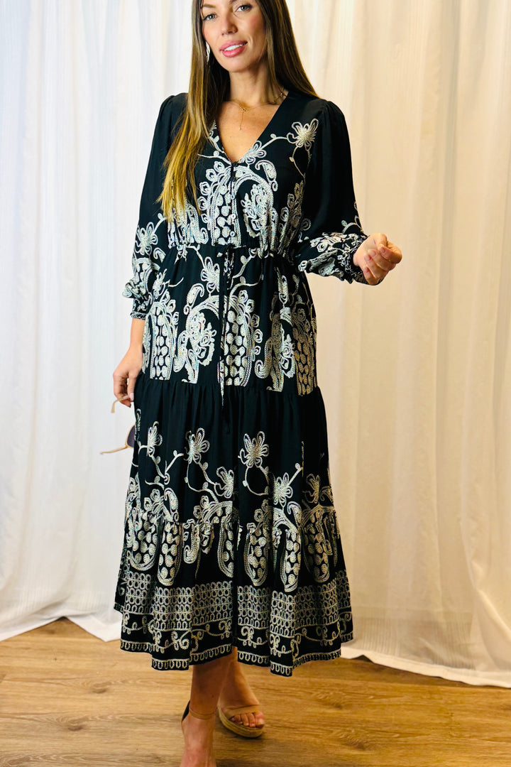 Davina Midi Dress in Black and White Print