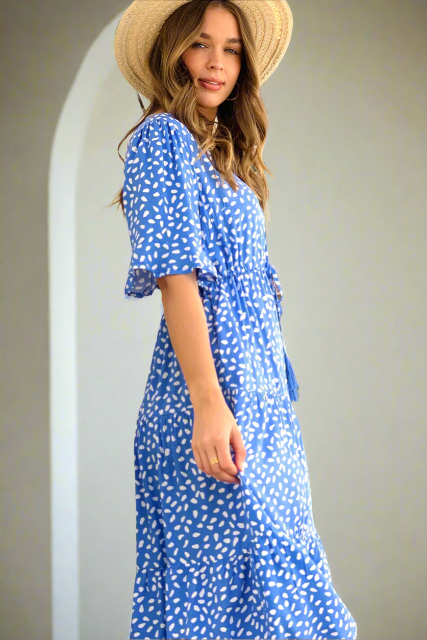 Jeannie Midi Spot Dress In Powder Blue