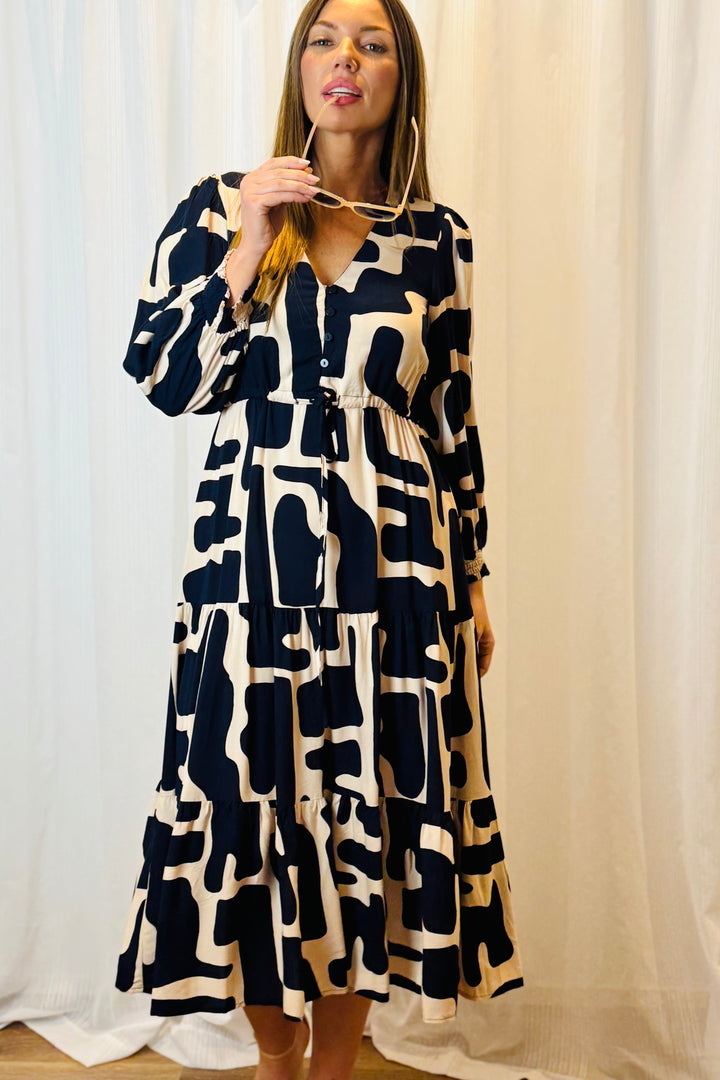 Santorini in Nude and Navy Long Sleeve Dress