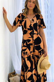 Santorini  Short Sleeve Midi Dress in Orange and Black Print