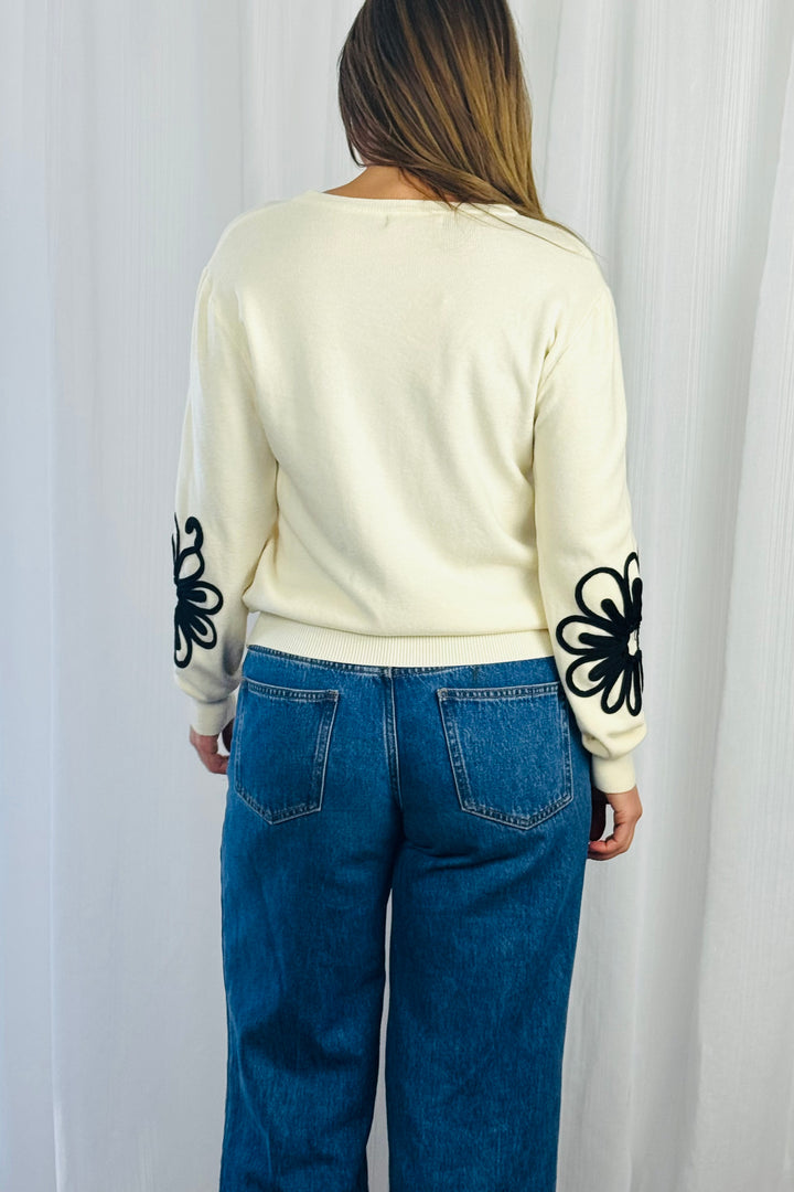Sienna Knit Top in Cream with Floral Design.