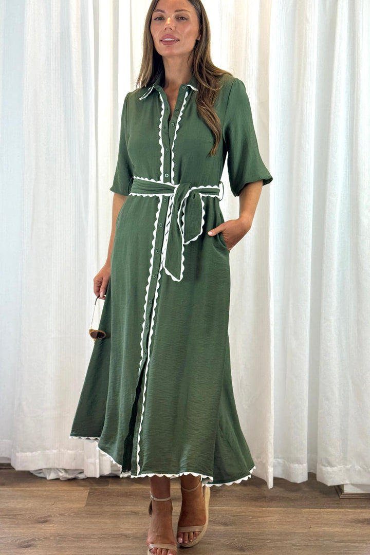 Shyla Shirt Dress in Khaki With White Trim