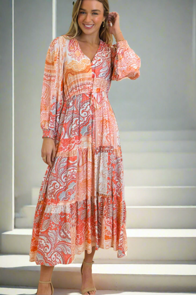 Diana Drawstring Long Sleeve Midi  Dress in Orange Print