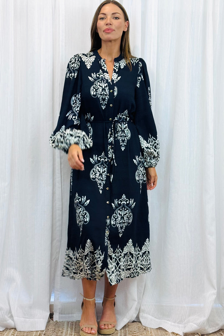 Mina Black Multi Print Dress With Off White Print