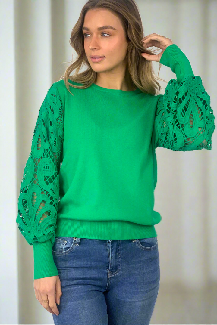 Naomi lace sleeve top in green.