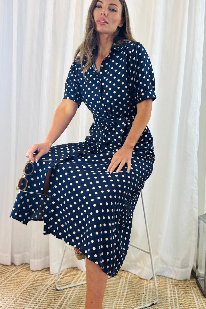 Tamika Spot Dress In Navy And Beige