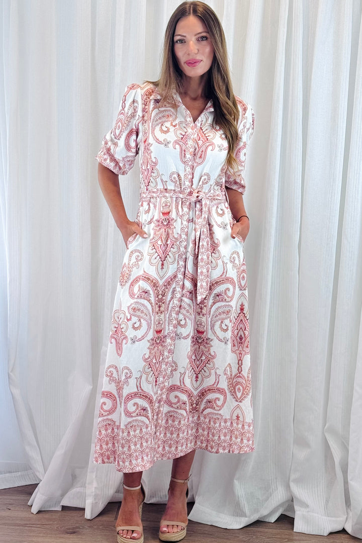 Lenni Paisley Shirt Dress in Off White and Claret Print