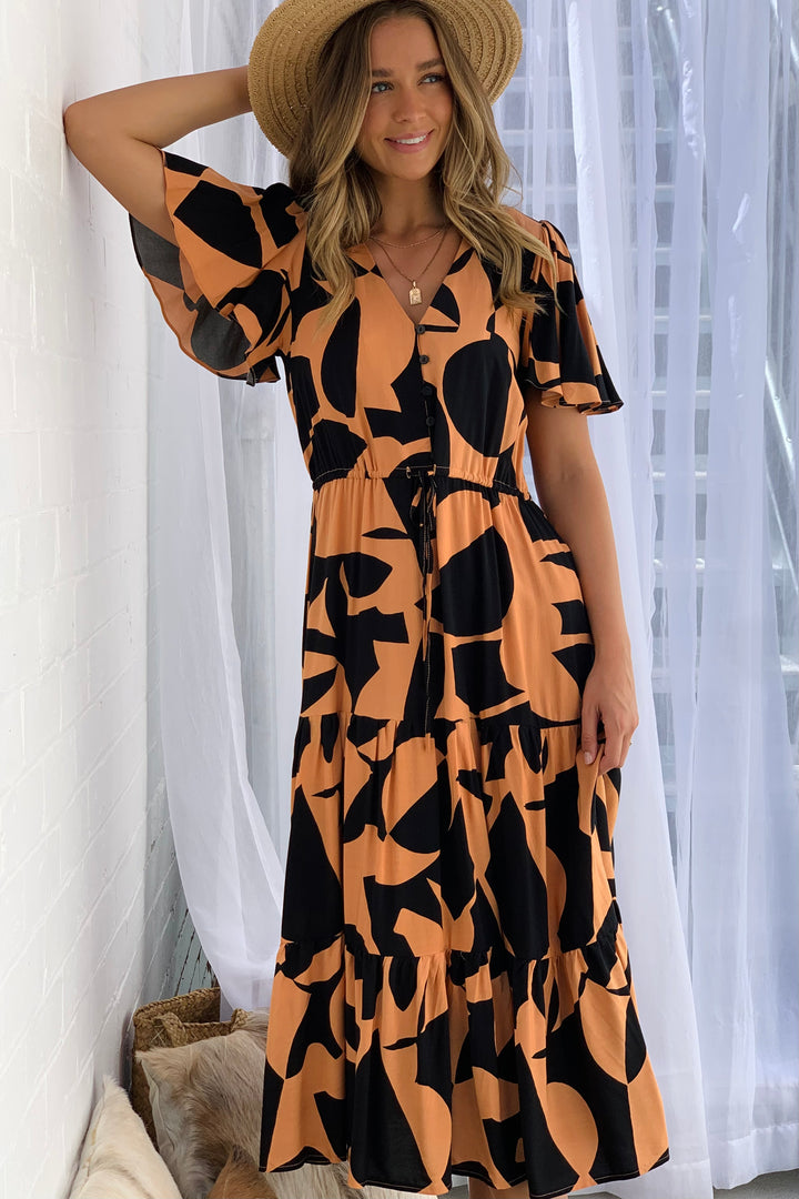 Santorini  Short Sleeve Midi Dress in Orange and Black Print