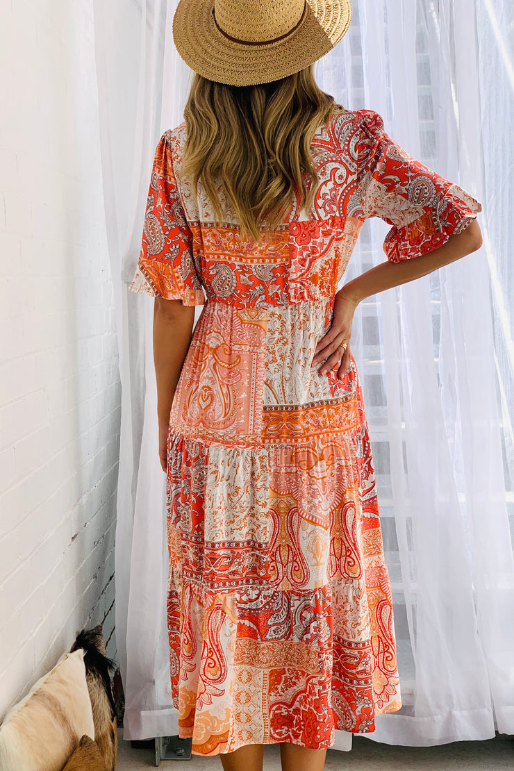 Diana Short Sleeve Midi  Dress in Orange Multi Print