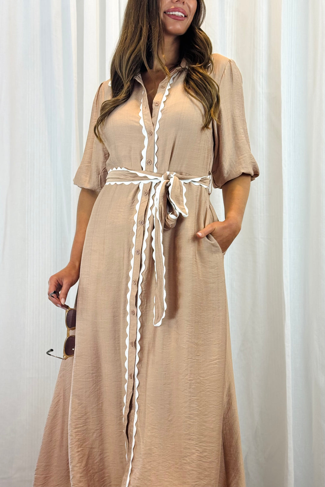 Shyla Shirt Dress in Beige With White Trim