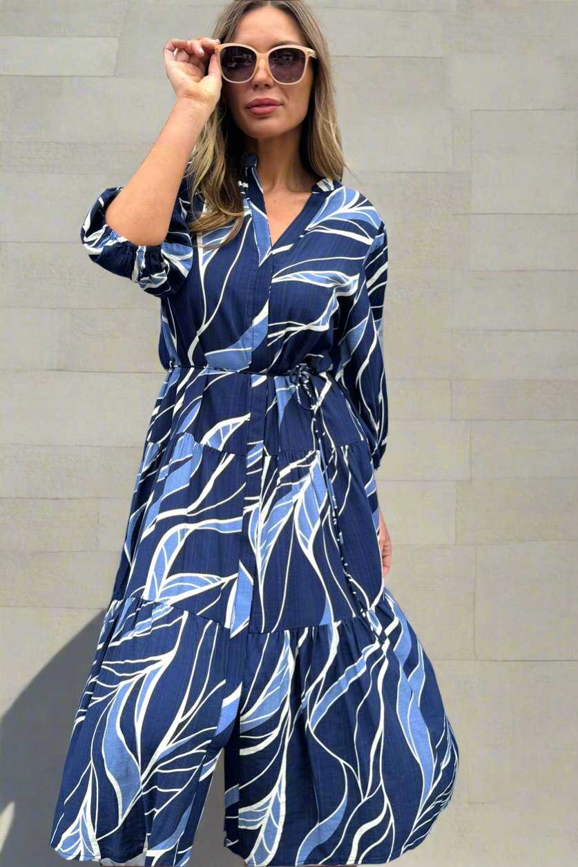 Vivienne Midi Dress  In Navy Print