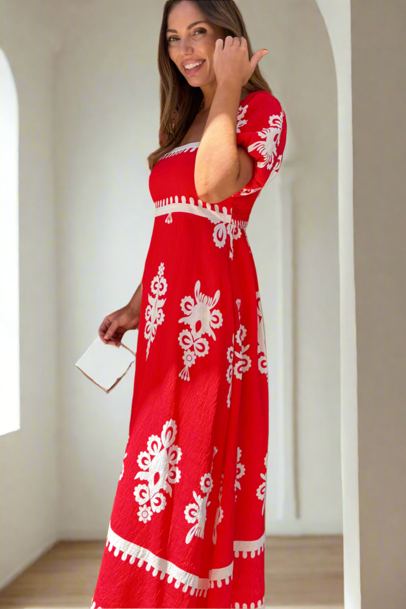 Bonnie Embroidered Print Dress in Red