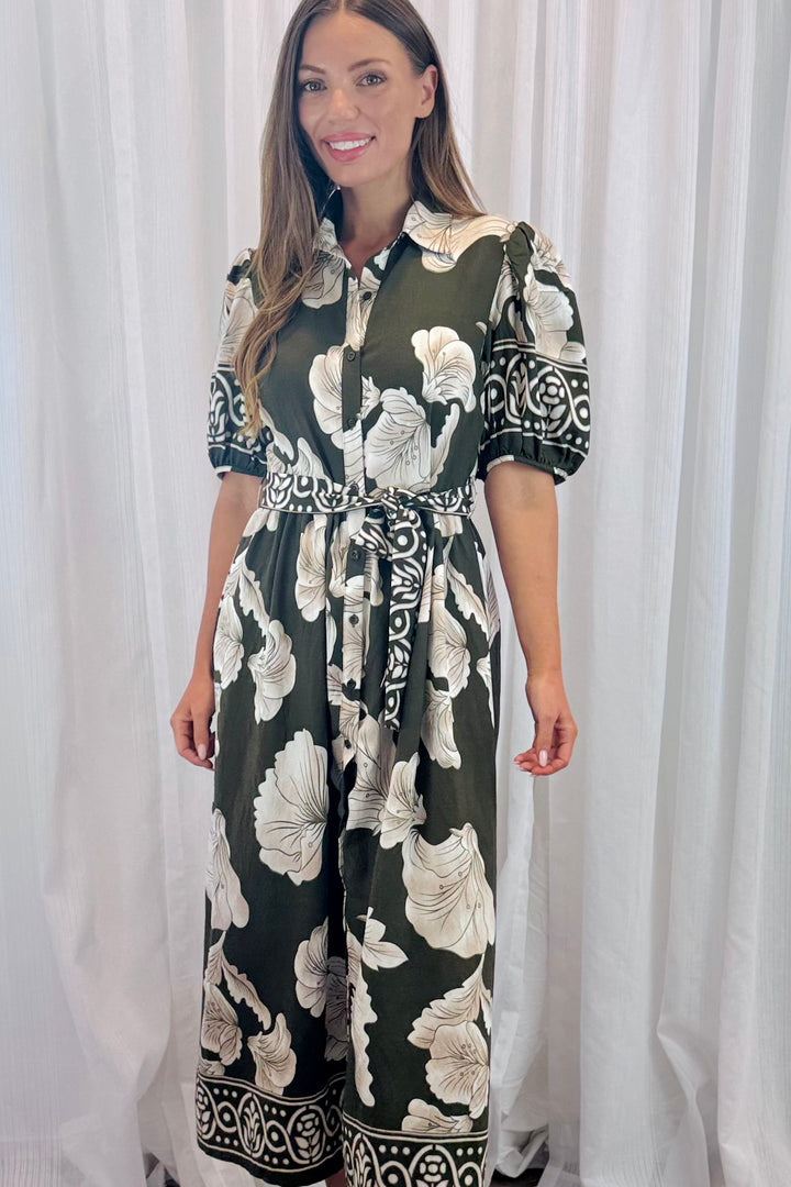 Pamela Multi Print Dress in Khaki