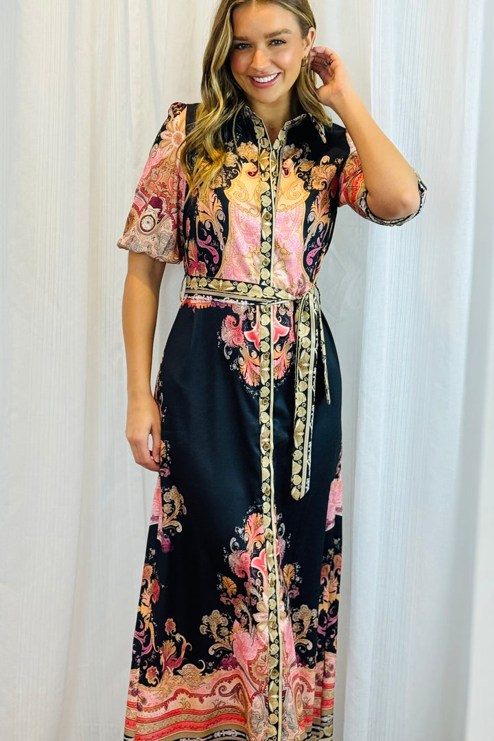 Portia Shirt Dress in Black Multi Print