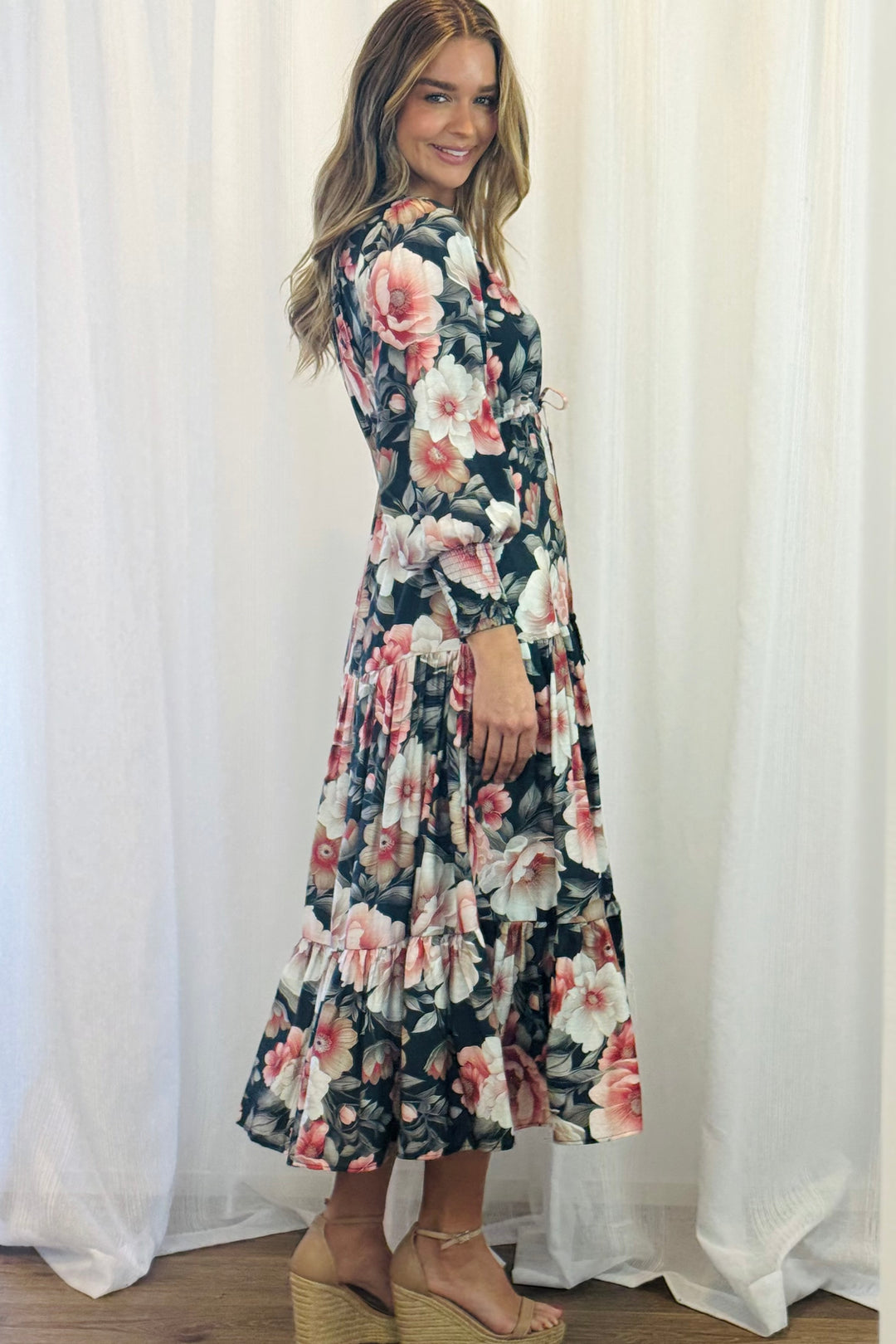 Yasmine Floral Drawstring Maxi Dress with Front Split