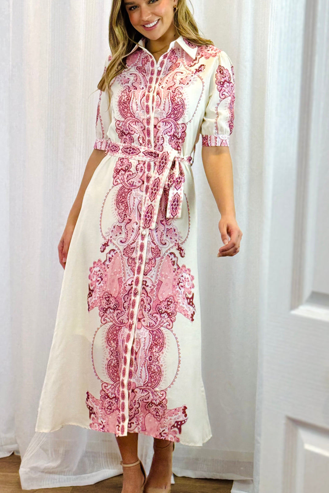 Eden Off White Dress With Pink Embroidered Print