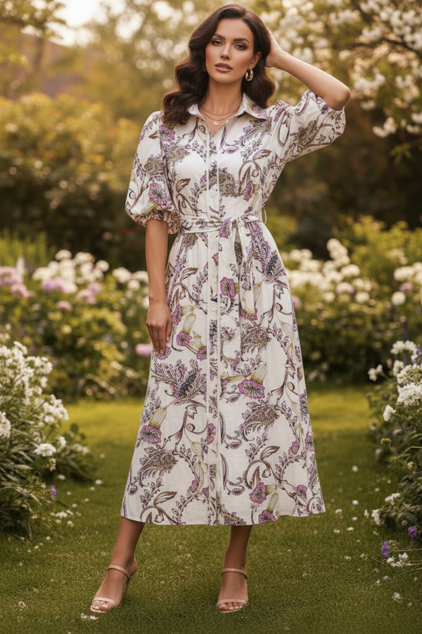 Leah Paisley Print Dress in Off White