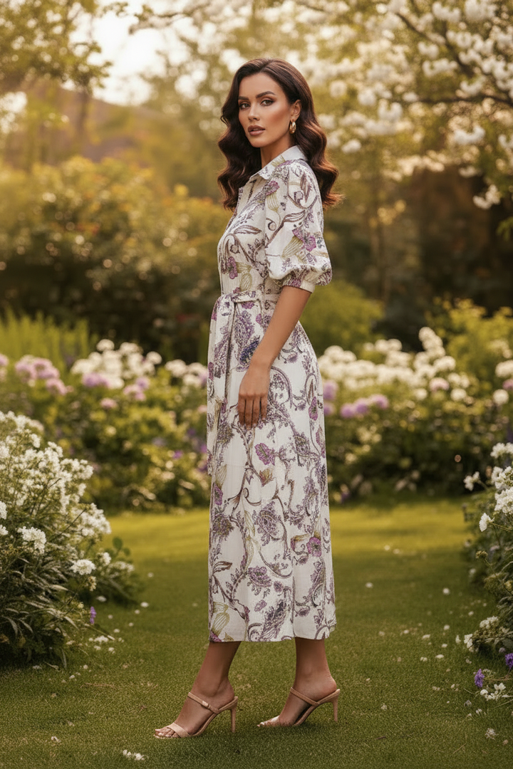 Leah Paisley Print Dress in Off White