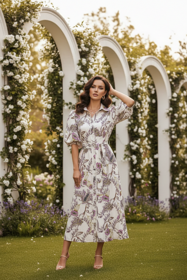 Leah Paisley Print Dress in Off White