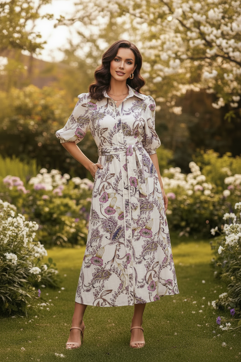 Leah Paisley Print Dress in Off White