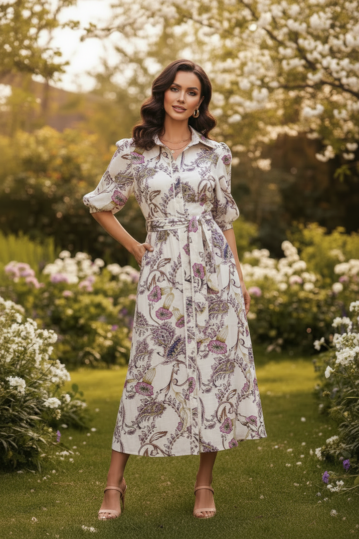 Leah Paisley Print Dress in Off White