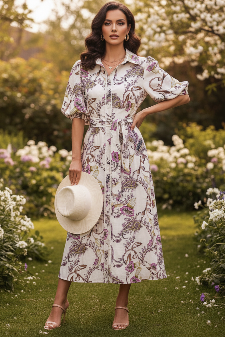 Leah Paisley Print Dress in Off White
