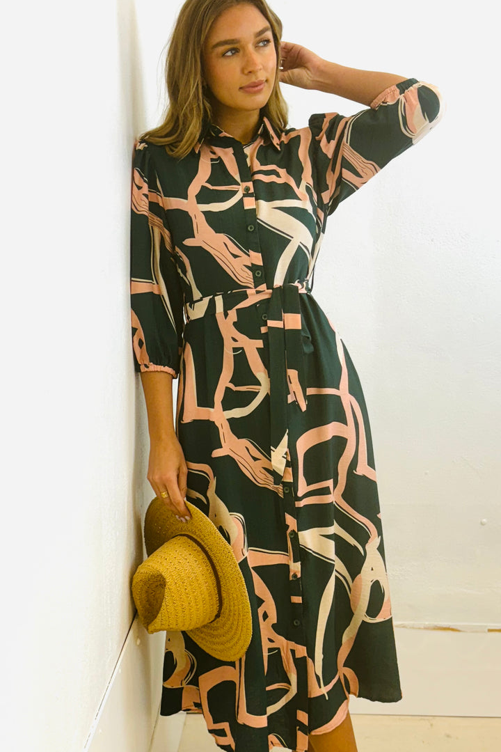 Marlow Midi Shirt Dress in Green and Pink Print