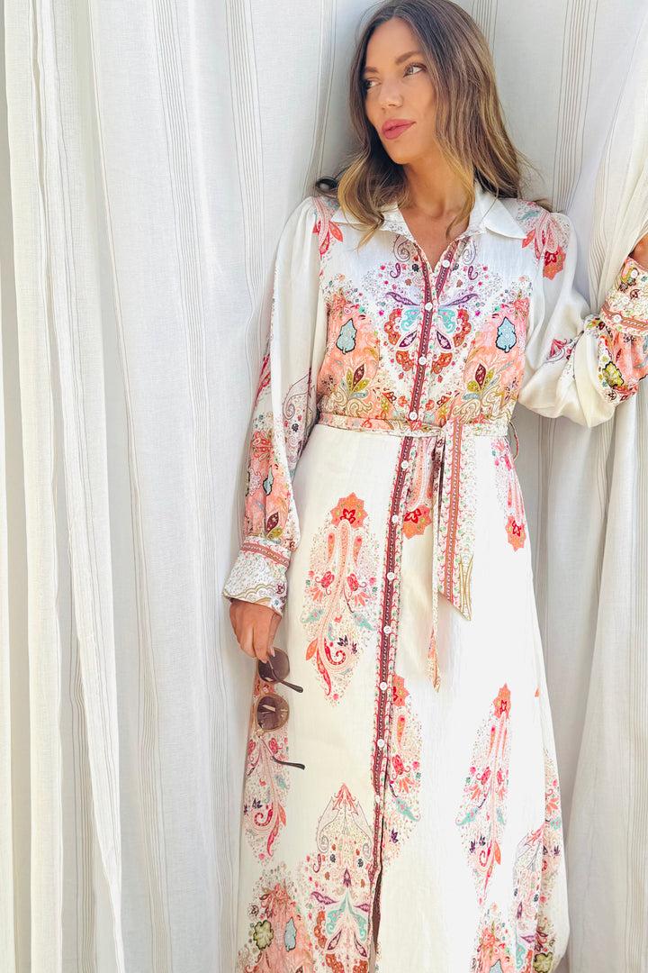 Gidget Embroidered Print Dress in Off White