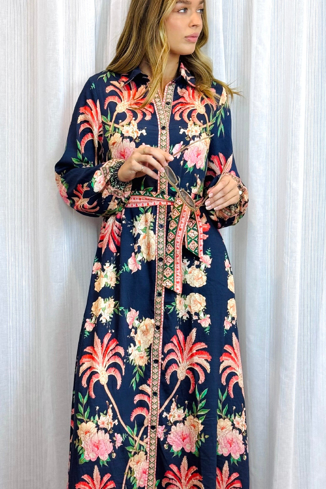Maddison Long Sleeve Maxi Dress in Navy Print  Halo & Hutch