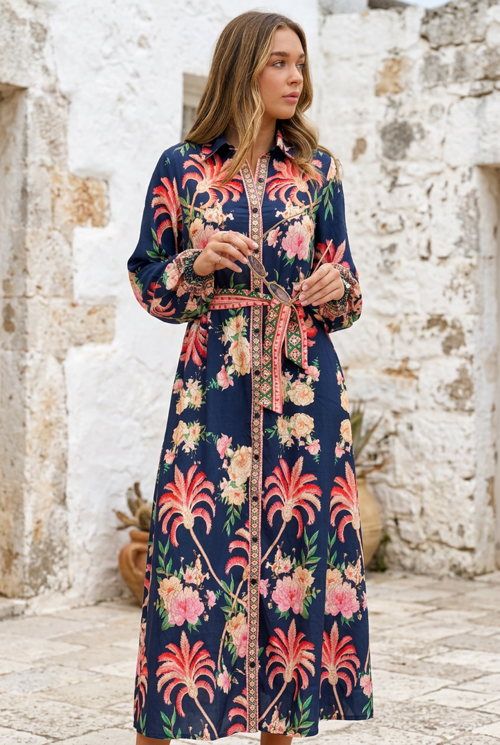 Maddison Long Sleeve Maxi Dress in Navy Print