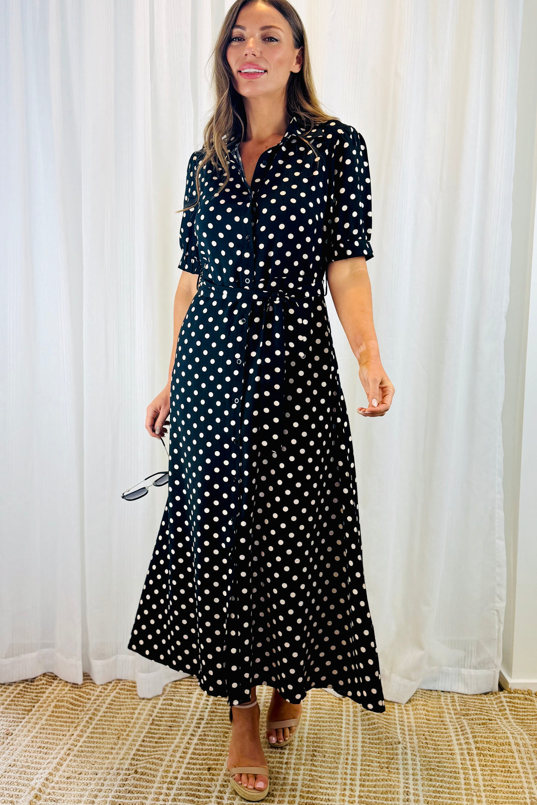 Tamika Black and Beige Polka Dot Dress