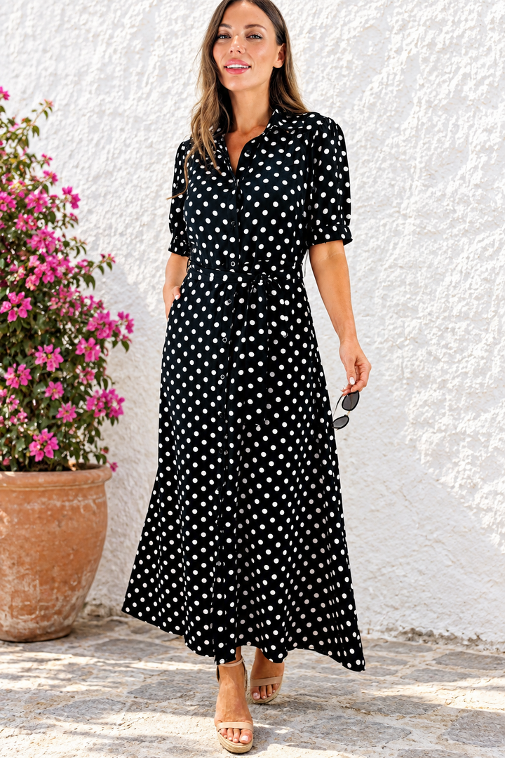 Tamika Black and Beige Polka Dot Dress