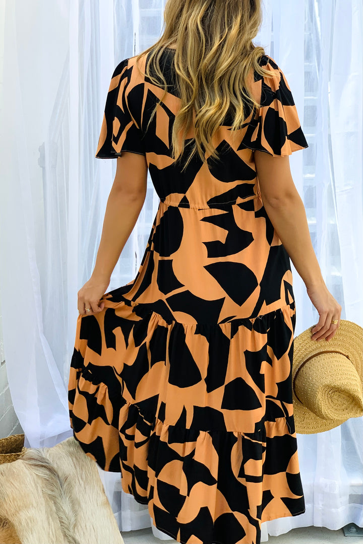 Santorini  Short Sleeve Midi Dress in Orange and Black Print