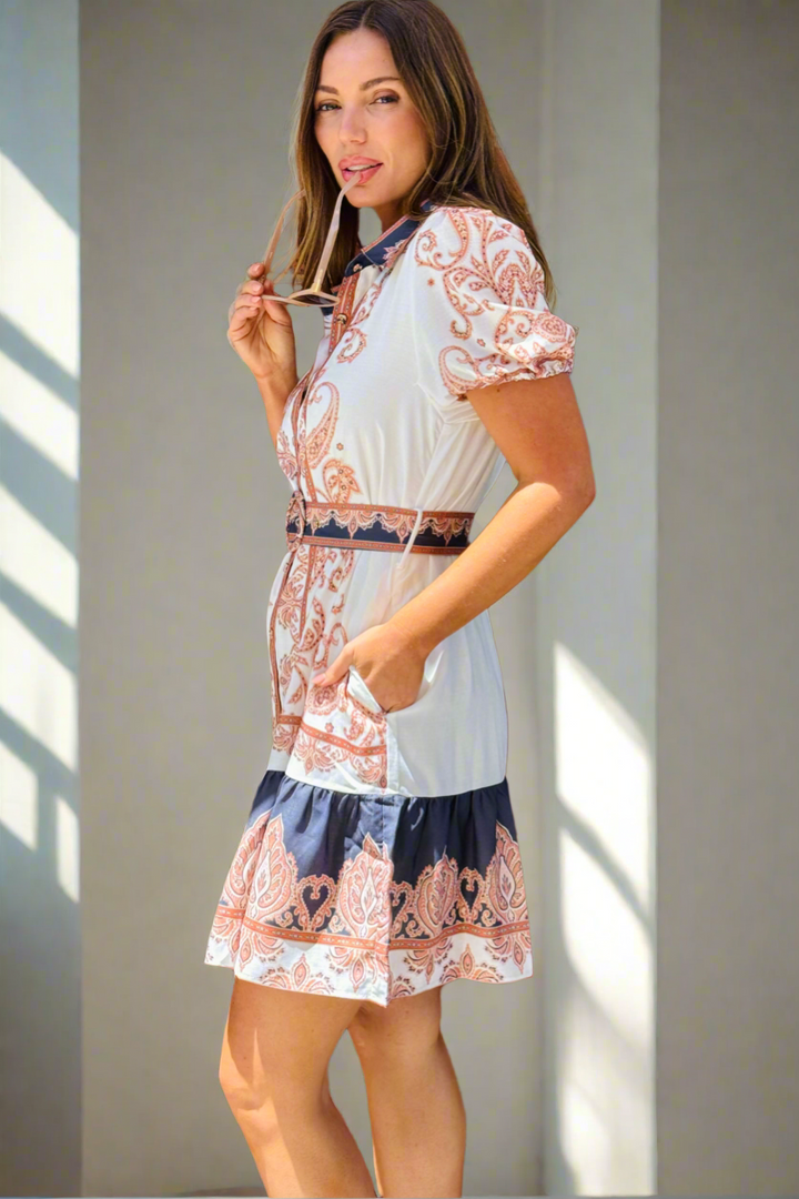 Bonnie Short Sleeve Shirt Dress with Embroidered White and Navy Print