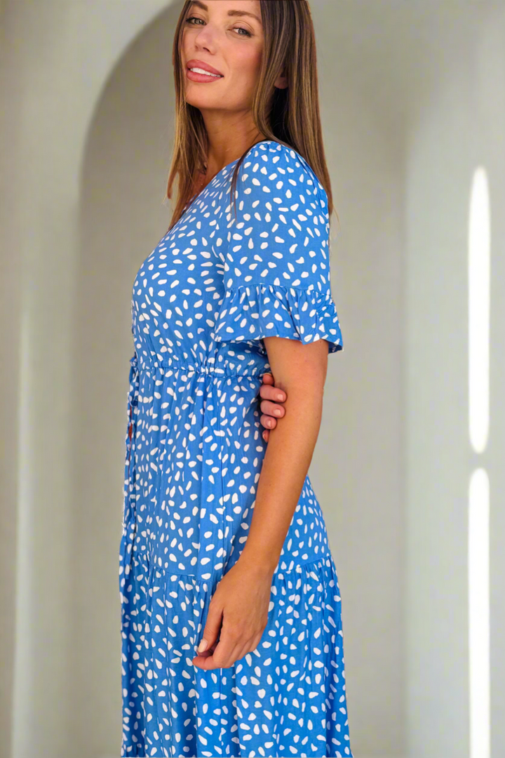 Jeannie Midi Spot Dress In Powder Blue