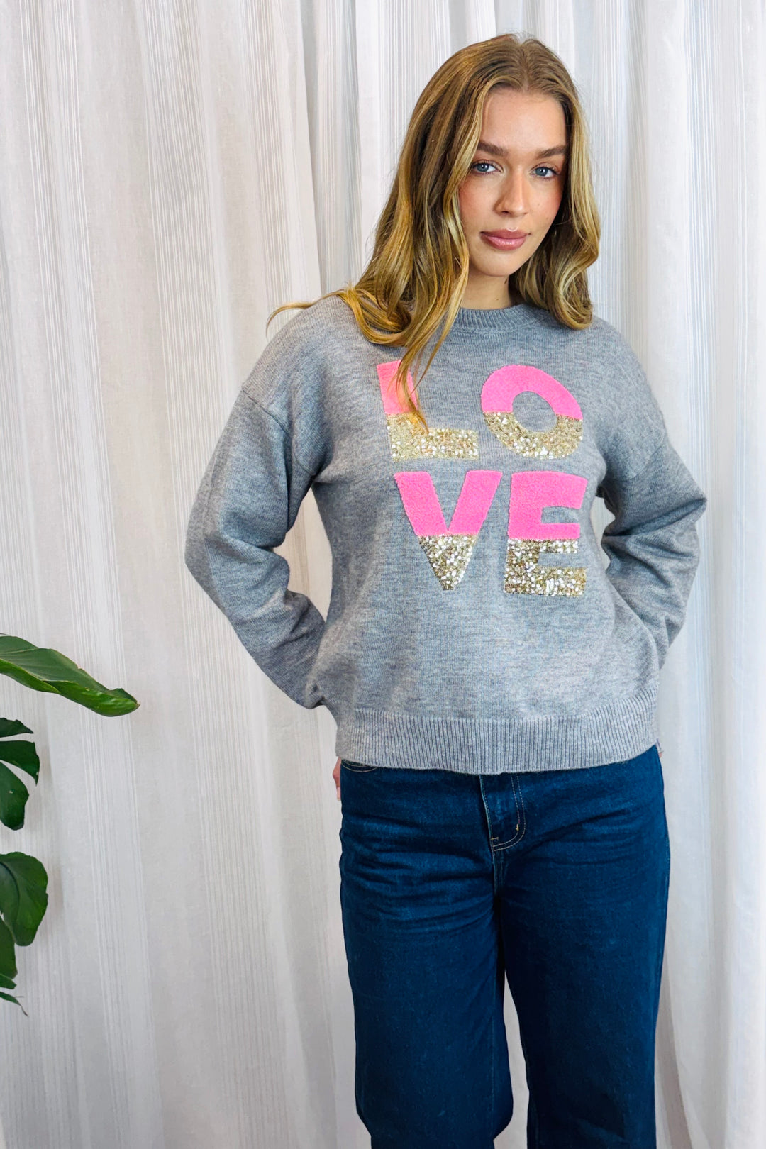 Nelly Love Sequin Detail Knit Top in Grey
