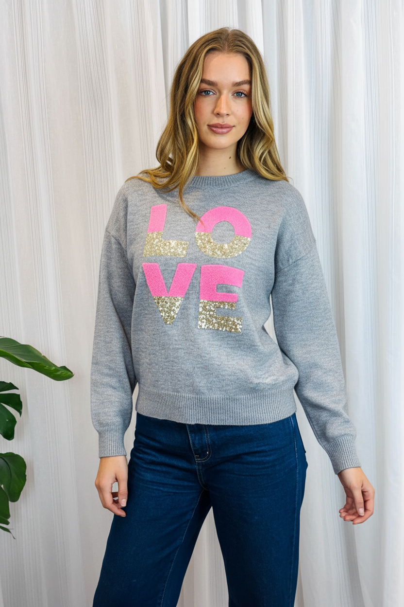 Nelly Love Sequin Detail Knit Top in Grey