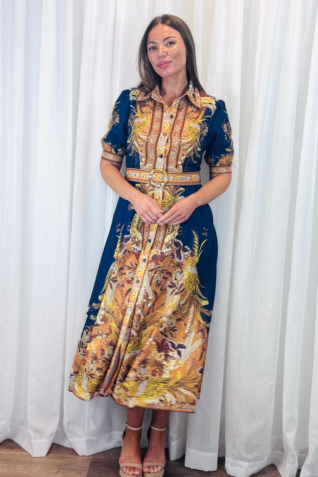 Marilyn Embroidered Print Maxi Dress in Navy.