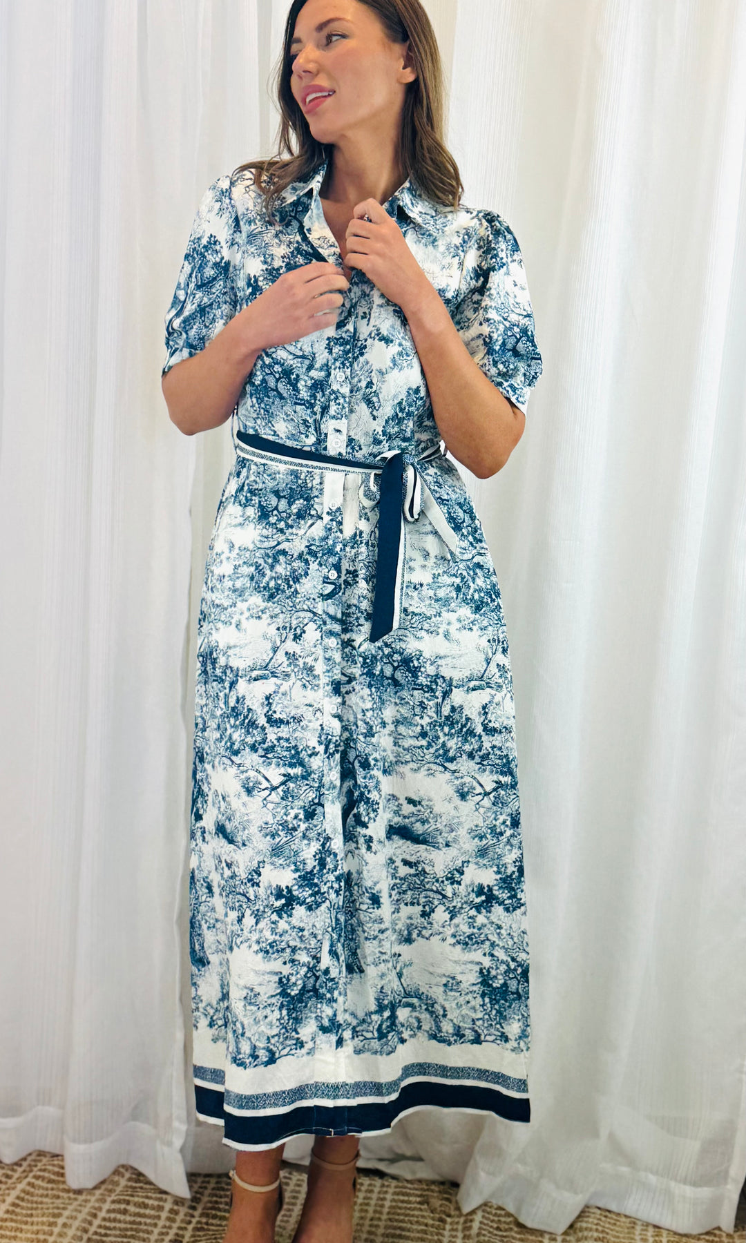 April Blue and Off White Multi Print Short Sleeve Dress