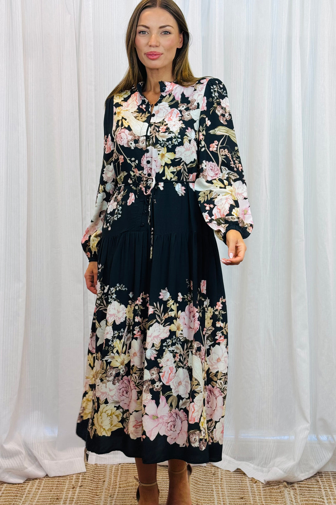 Juliet Floral Multi Print Dress in Black
