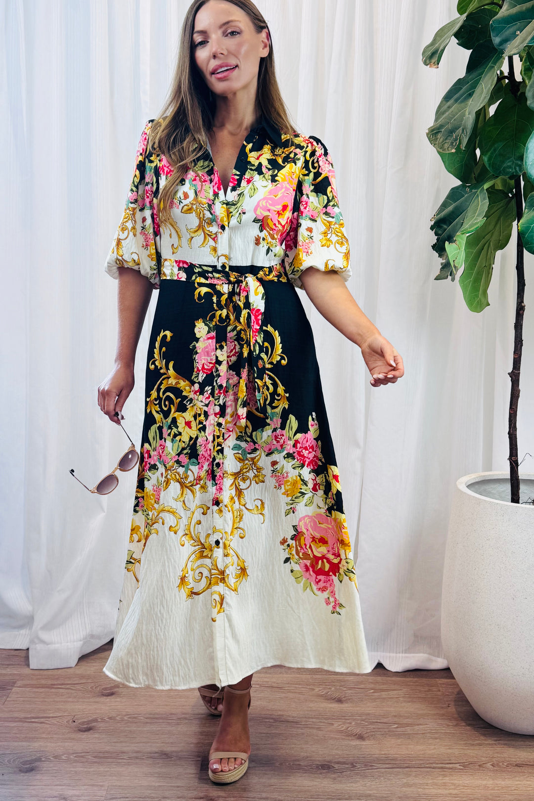 Leila Shirt Dress in Black Multi Print