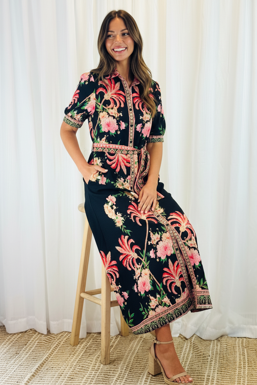 Maddison Shirt Dress in Black Multi Print