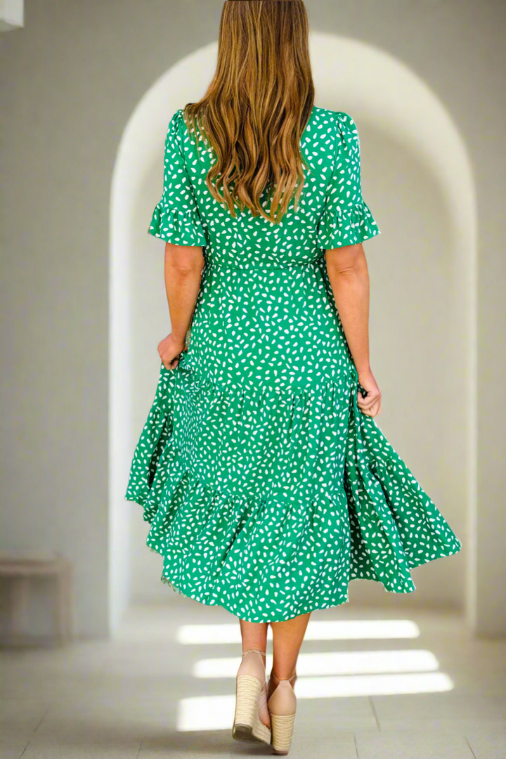 Jeannie Midi Dress  in Apple Green and White- Restocked