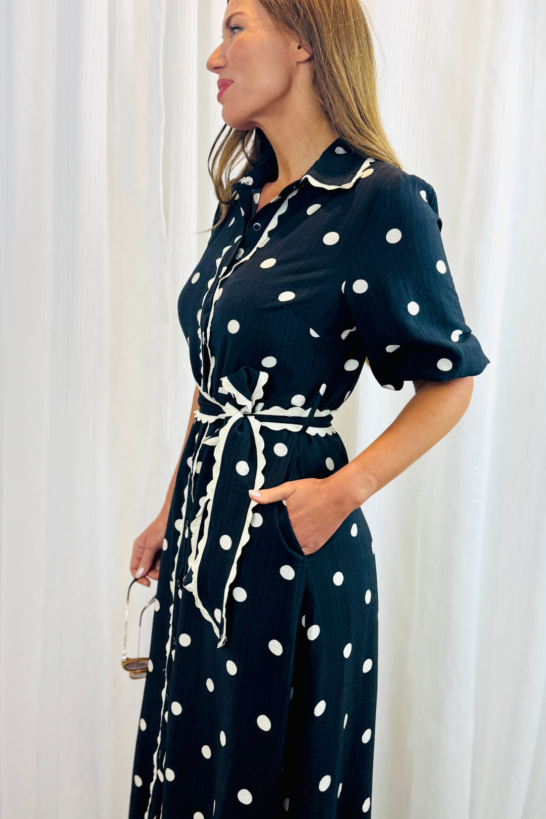 Shyla Black and Off White Polka Dot Dress